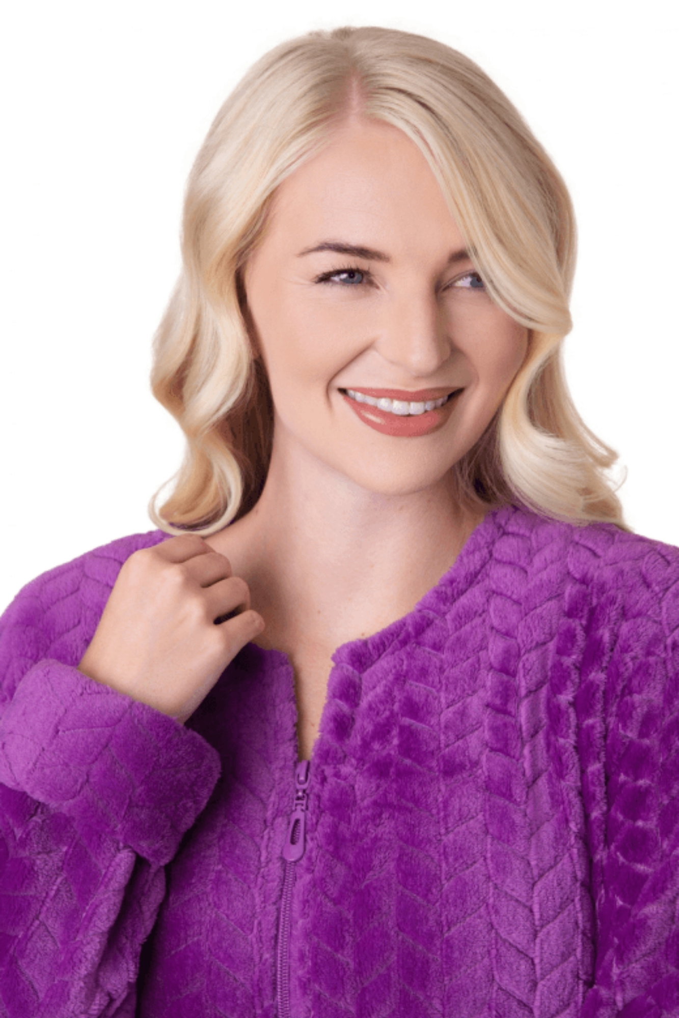 Purple Camille Lingerie Purple Supersoft Zip Front Embossed Housecoat, Image 5 of 5