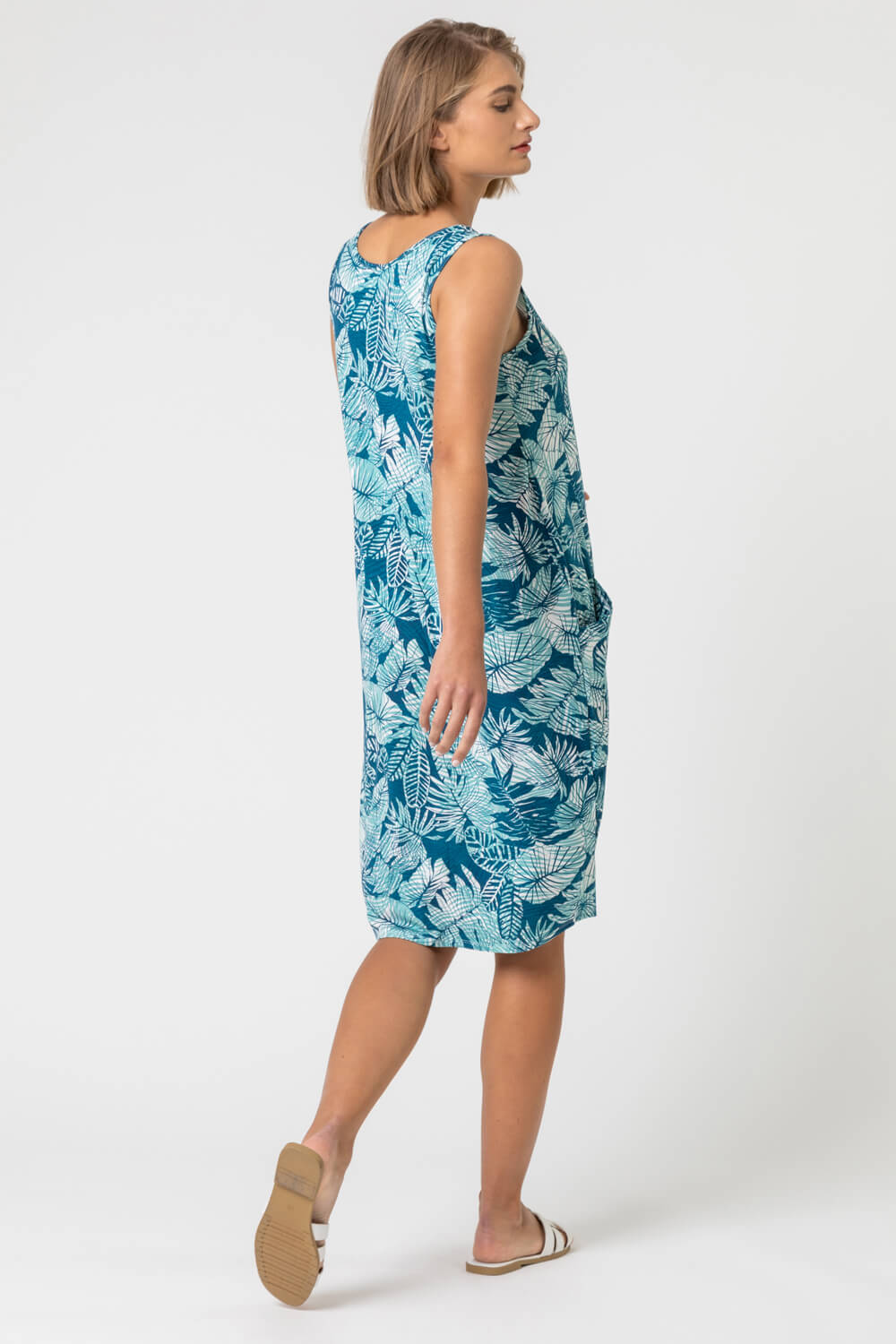 Blue Leaf Print Slouch Pocket Dress, Image 3 of 4