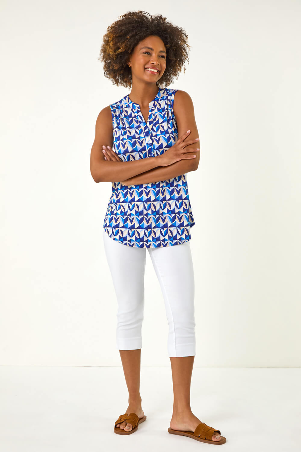 Blue Geometric Gathered Vest Top, Image 3 of 5