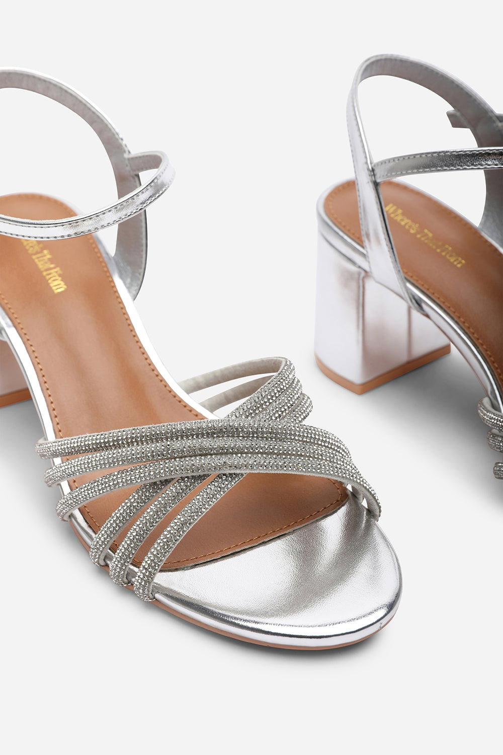 Silver Bellini Cross Over Diamante Strap Block Heel Sandals, Image 5 of 6
