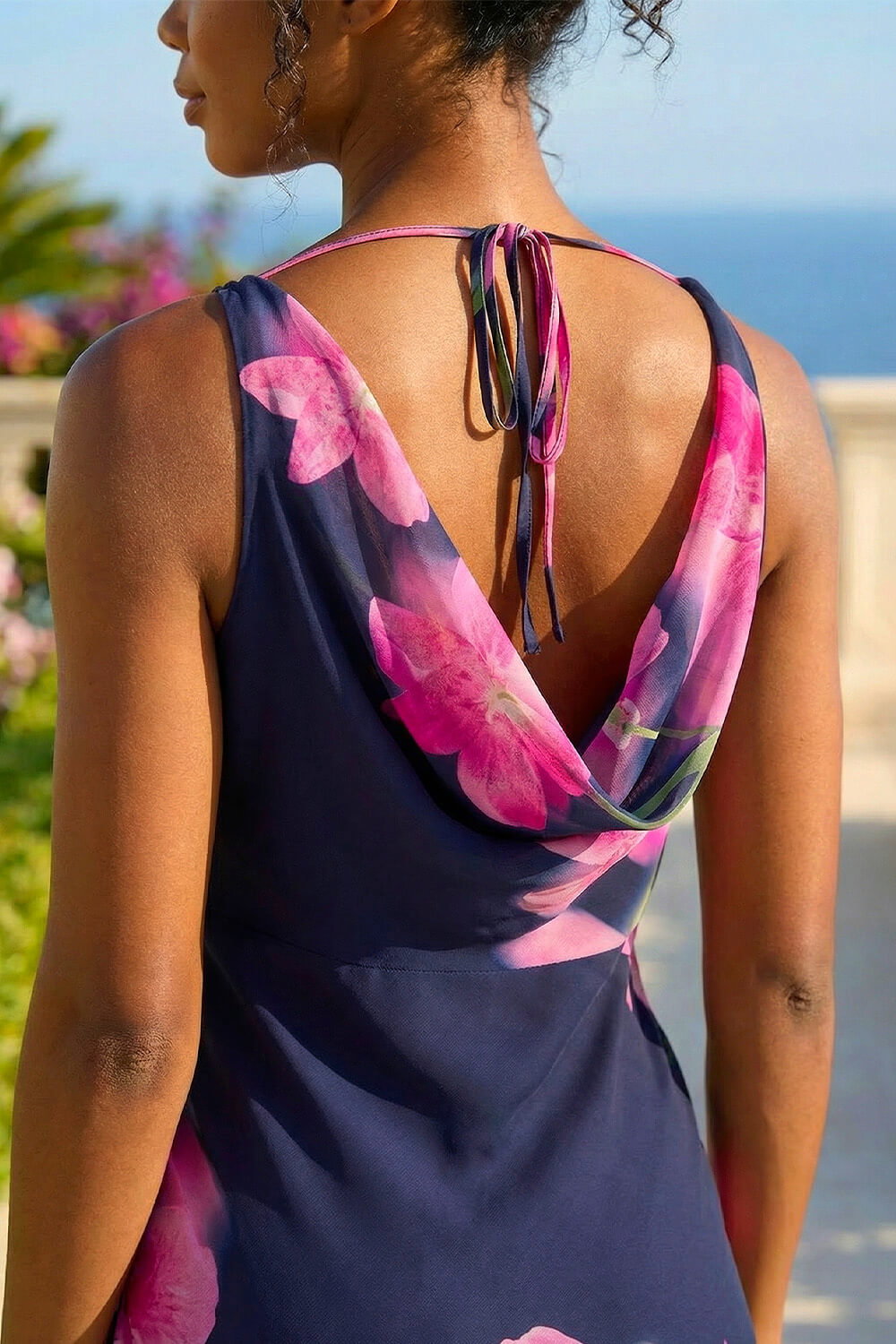 Navy Floral Print Cowl Neck Midi Dress, Image 5 of 4
