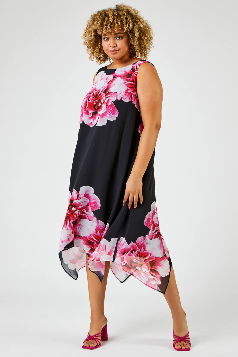Pink Curve Floral Asymmetric Chiffon Dress, Image 4 of 5