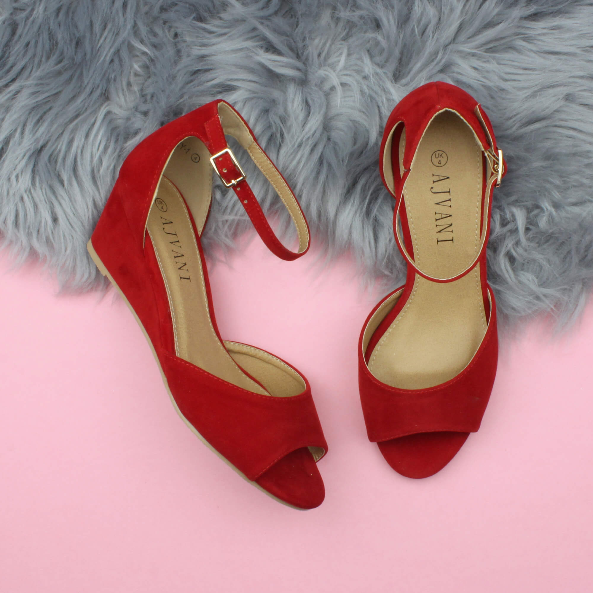 Red AJVANI Red Mid Wedge Heel Ankle Strap Sandals, Image 4 of 6
