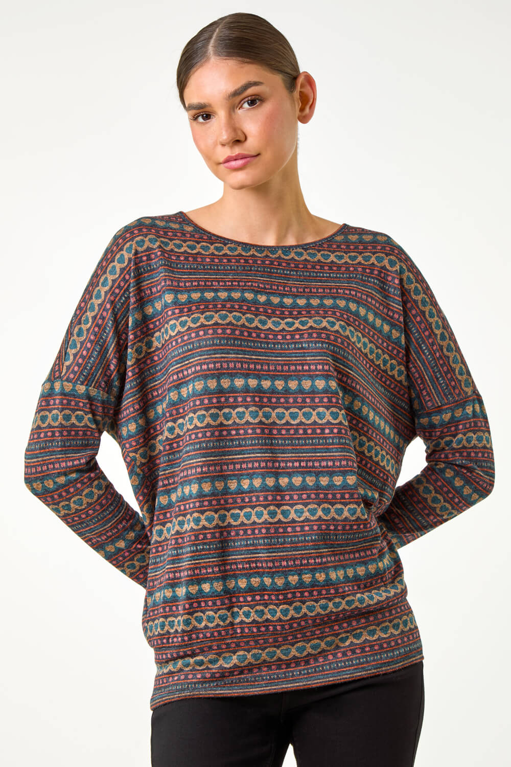 Navy Heart Print Drop Shoulder Stretch Top, Image 1 of 5