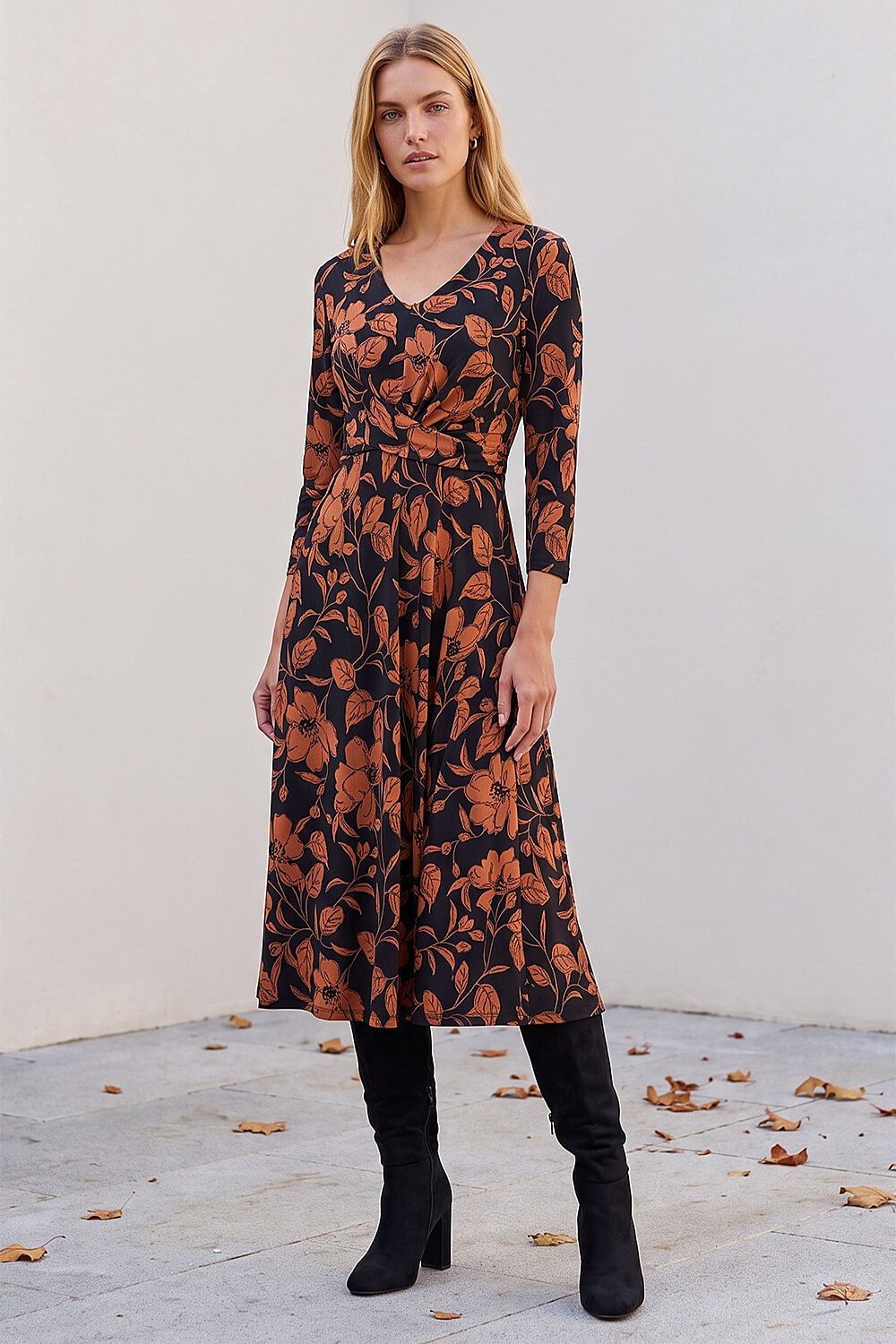 Roman Women's Tan Leaf Print Wrap Midi Dress Size 18