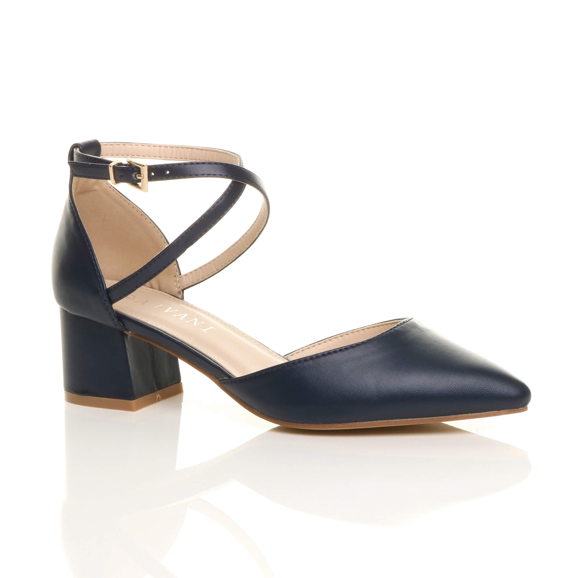 Navy Blue AJVANI Navy Blue Mid Block Heel Crossed Strap Pointed Toe 2 Part Heels, Image 1 of 6