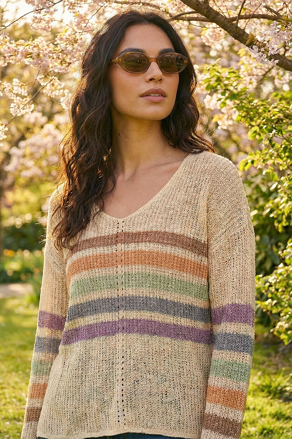 Beige Stripe V-Neck Knit Jumper, Image 5 of 4