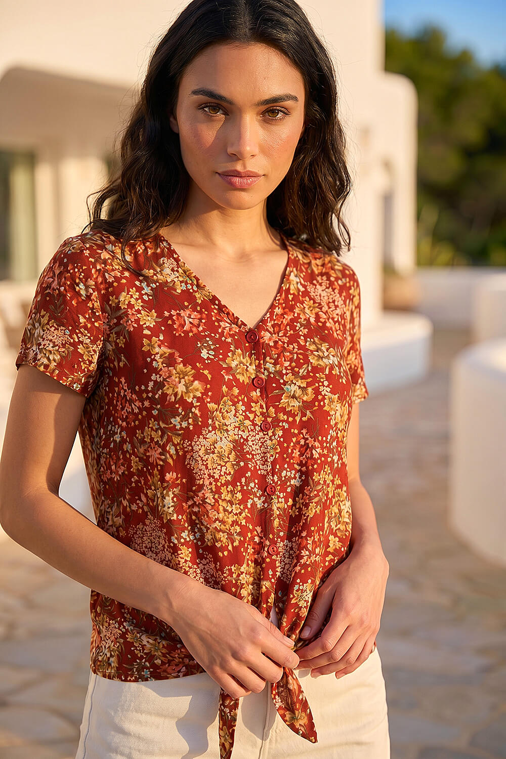 Red Floral Tie Front Stretch Top , Image 3 of 4