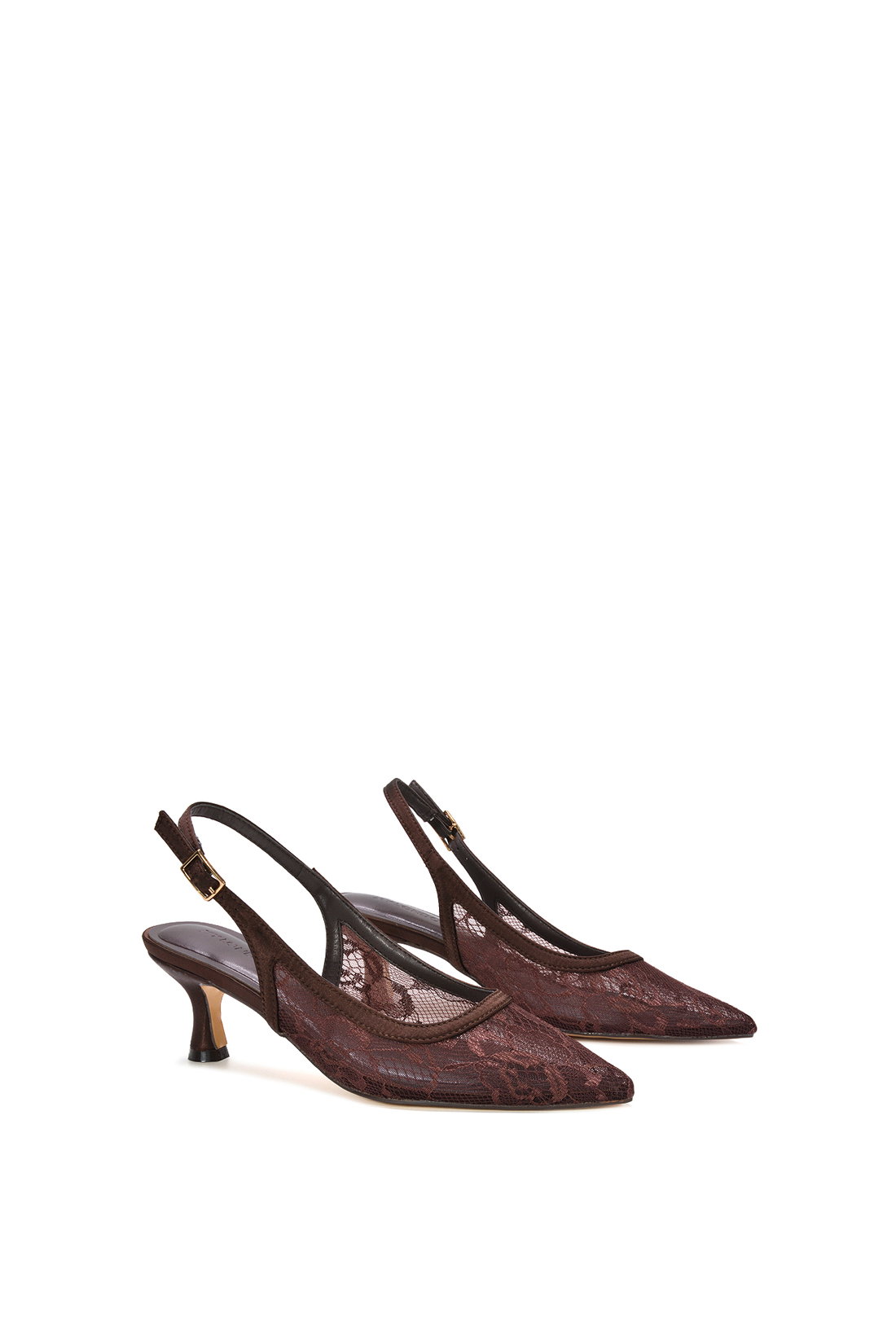 Brown Lace Slingback Court Shoes Pointed Toe Kitten Heels, Image 3 of 6