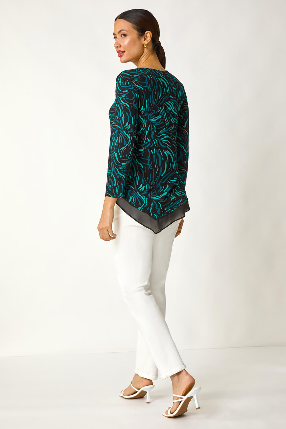 Teal Linear Print Chiffon Hem Stretch Top, Image 4 of 5