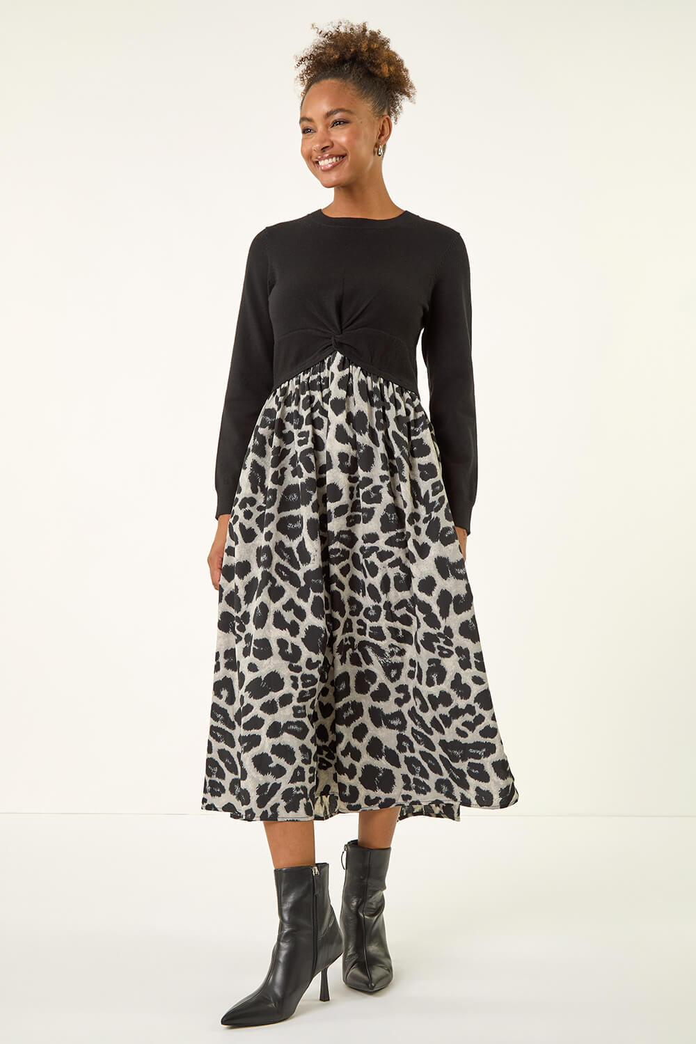 Grey Animal Print Twist Front Midi Dress, Image 3 of 5
