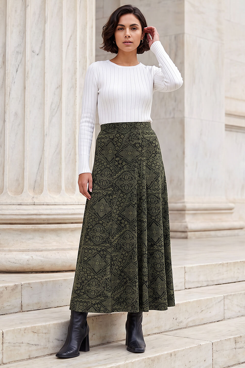 Khaki Abstract Midi Skirt, Image 3 of 4