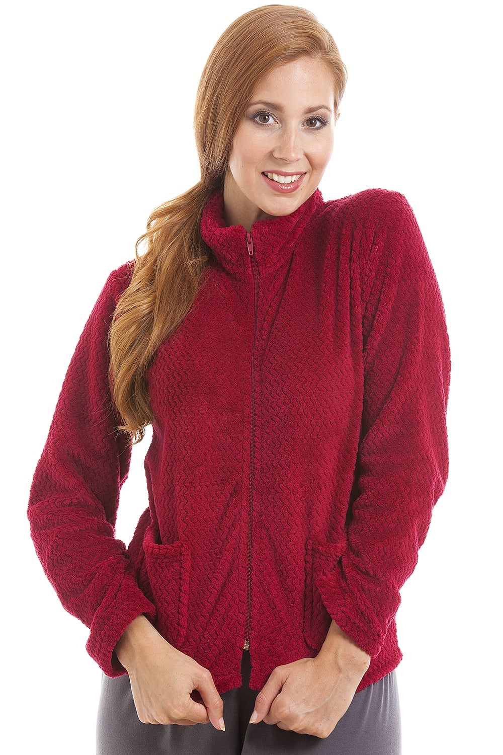 Burgundy Camille Lingerie Burgundy Zip Front Soft Textured Fleece Bed Jacket, Image 1 of 5