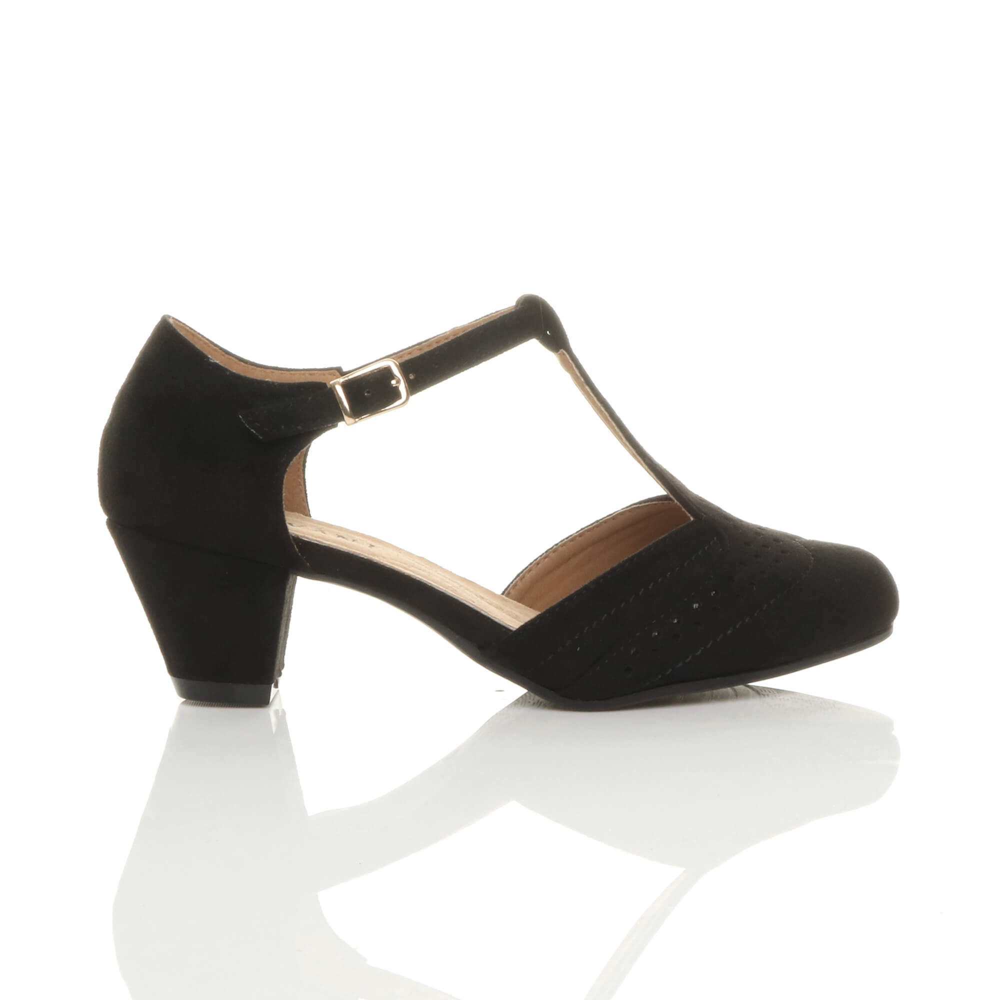 Black Mid Heel Comfort T-Bar Brogue 2 Part Heels, Image 2 of 6