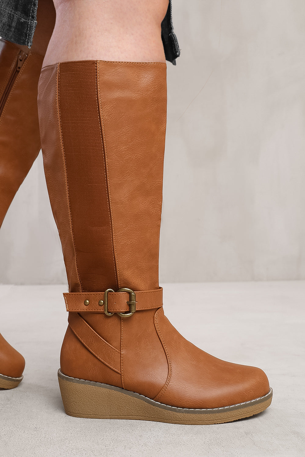 Tan 'Ayleen' Wide Calf Wedge Heel Knee High Boots, Image 1 of 3