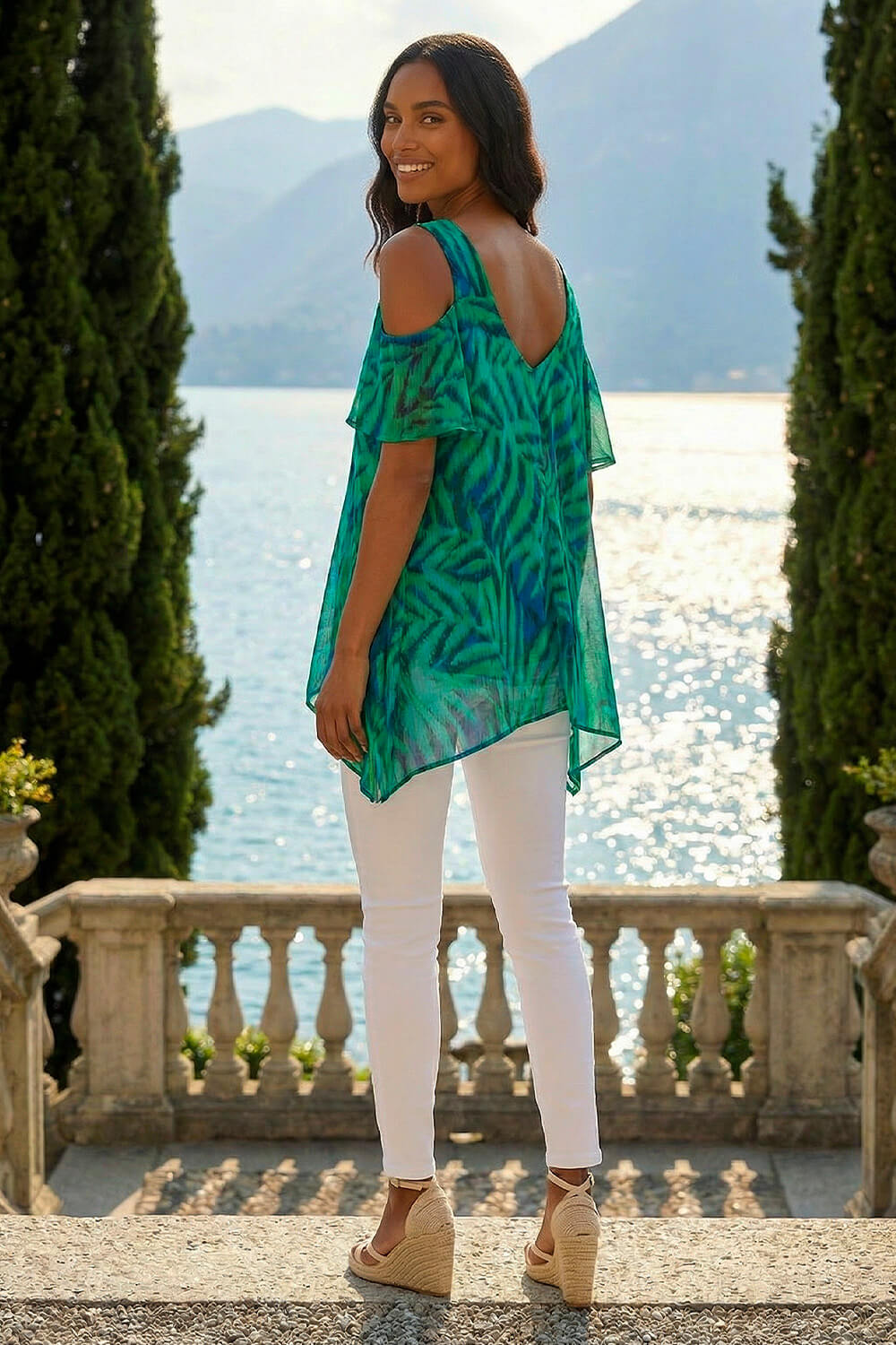 Teal Leaf Print Cold Shoulder Top, Image 4 of 4