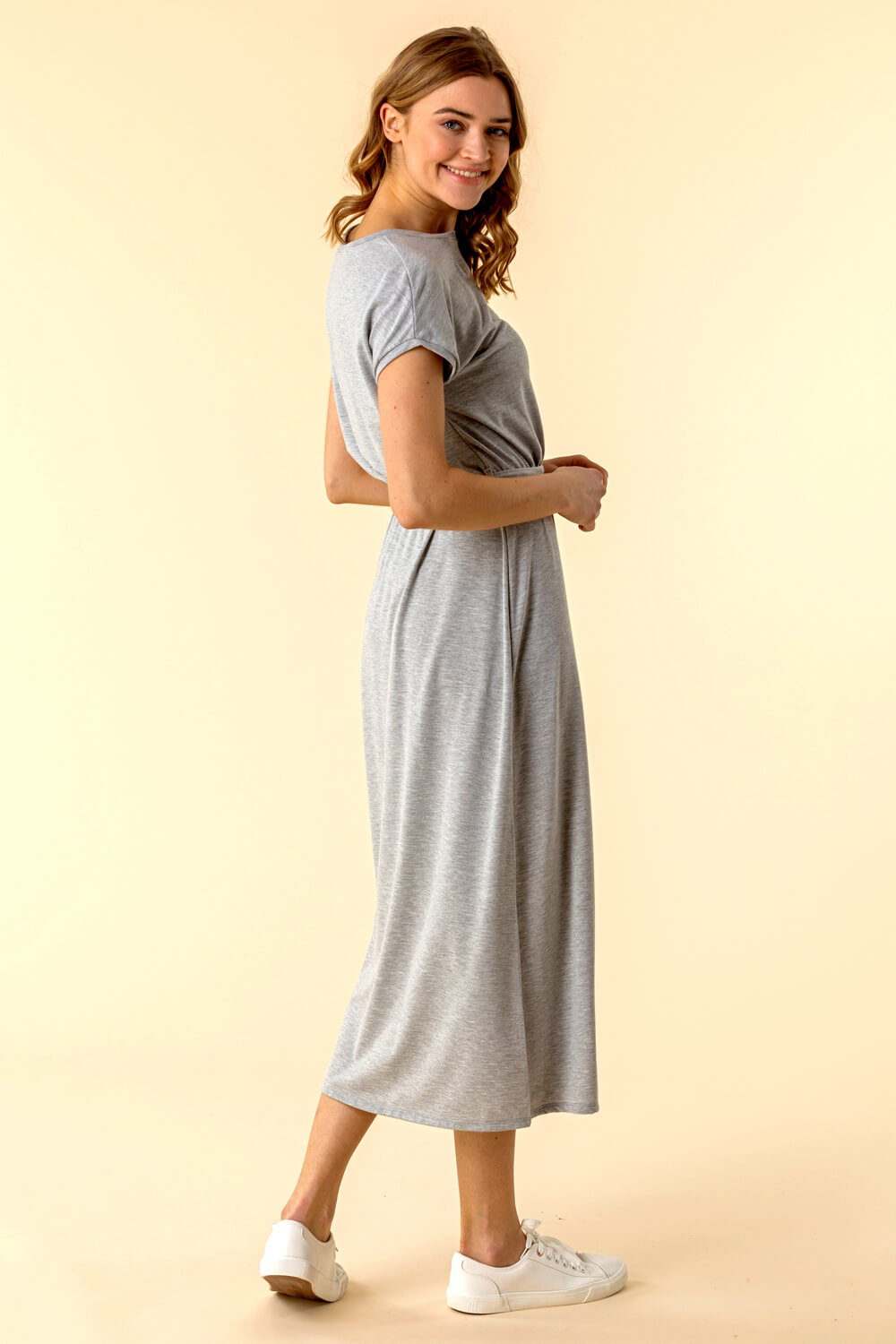 Light Grey Belted Jersey Midi T-Shirt Dress, Image 3 of 4