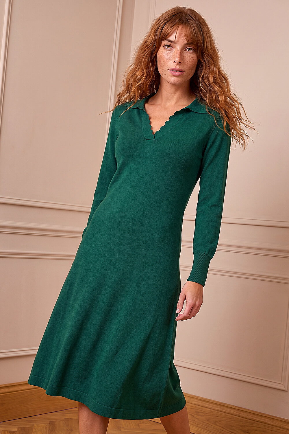 Roman Women's Dark Green Scallop Detail Knitted Midi Dress Size 18