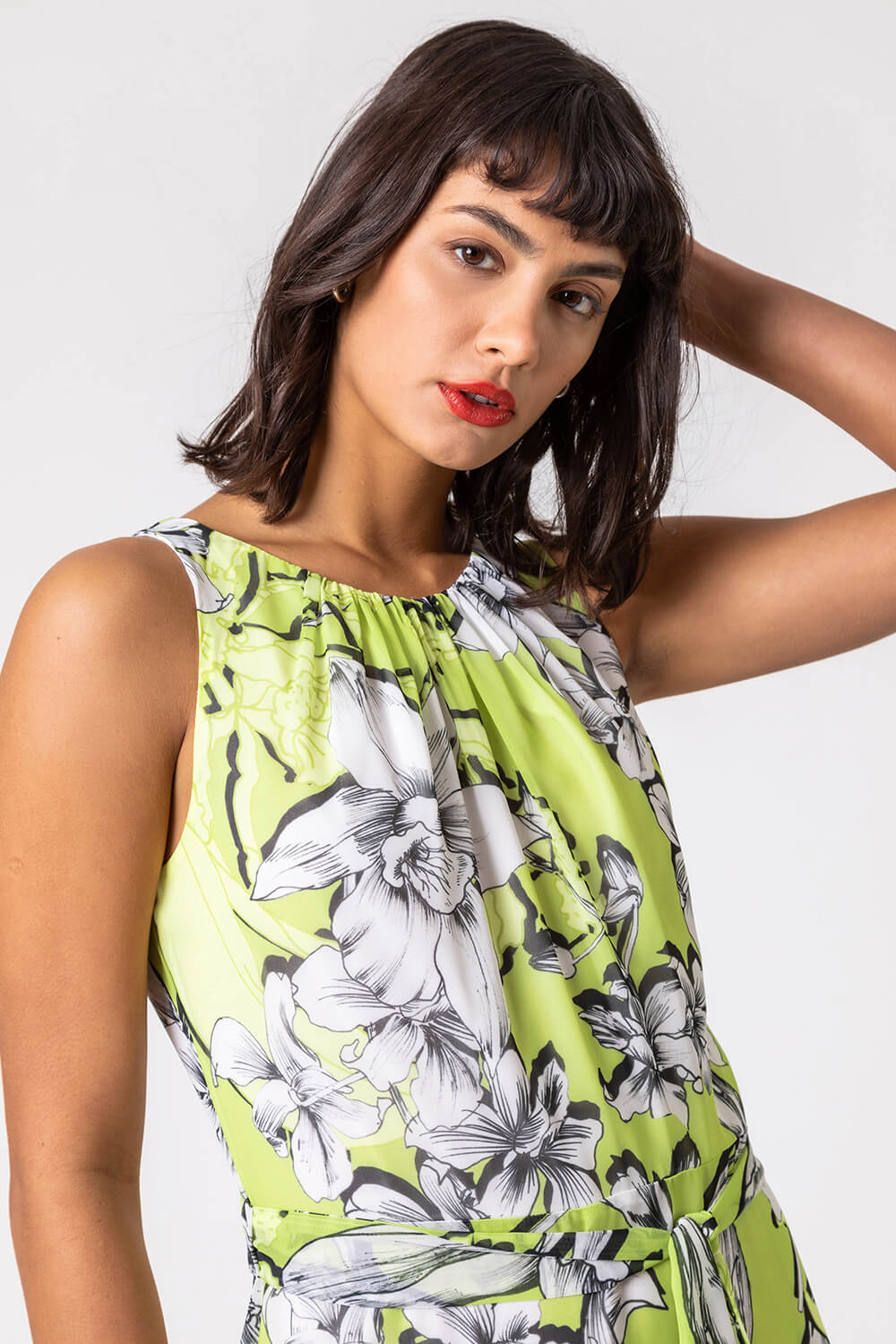 Lime Floral Tie Waist Dipped Hem Dress, Image 5 of 4