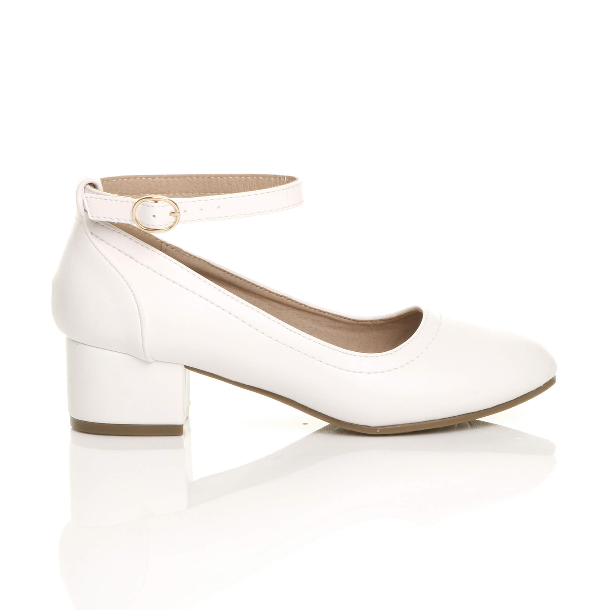 White AJVANI White Low Block Heel Ankle Strap Court Shoes, Image 2 of 6