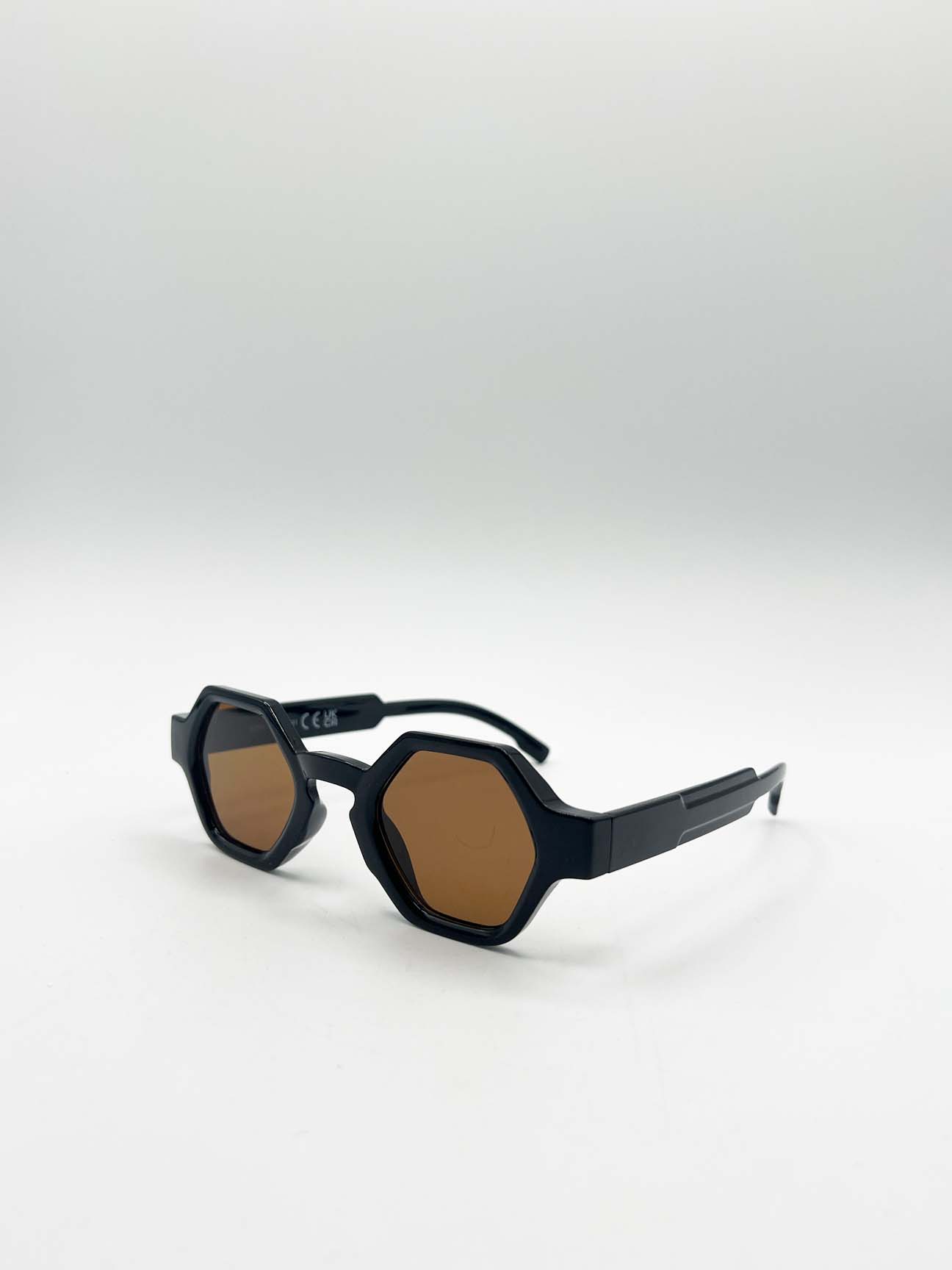 Black Round Hexagon Sunglasses, Image 3 of 6