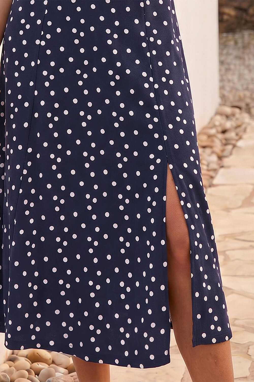Navy  Polka Dot Sweetheart Neck Stretch Midi Dress, Image 5 of 4