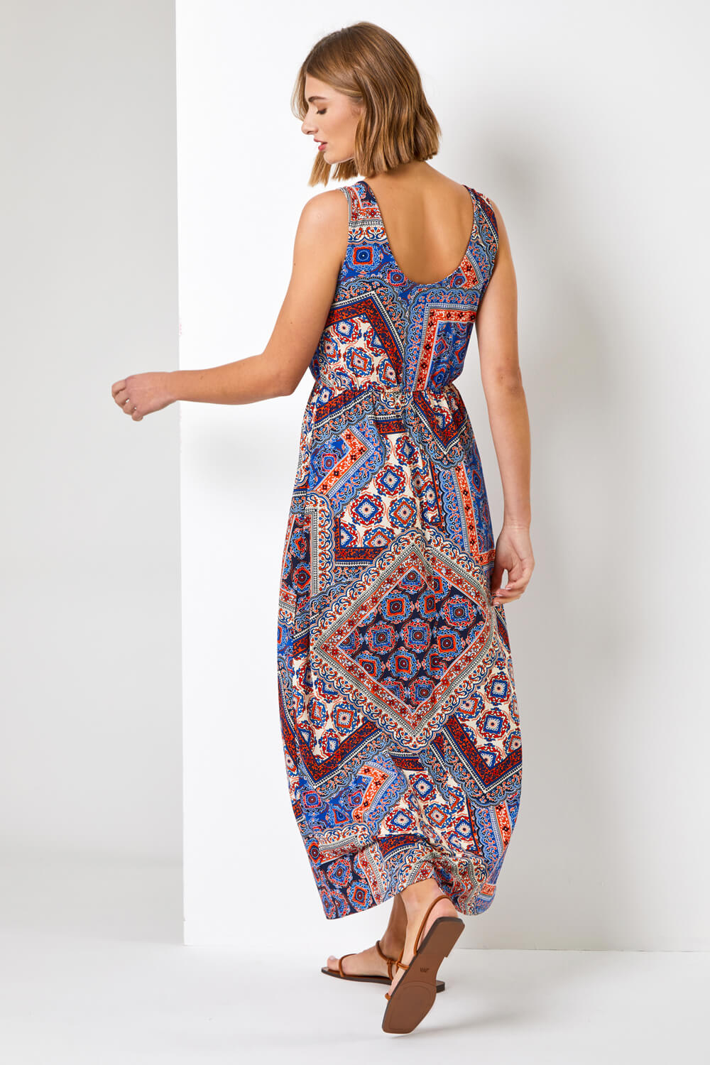 Blue Geo Print Ring Detail Maxi Dress, Image 4 of 5
