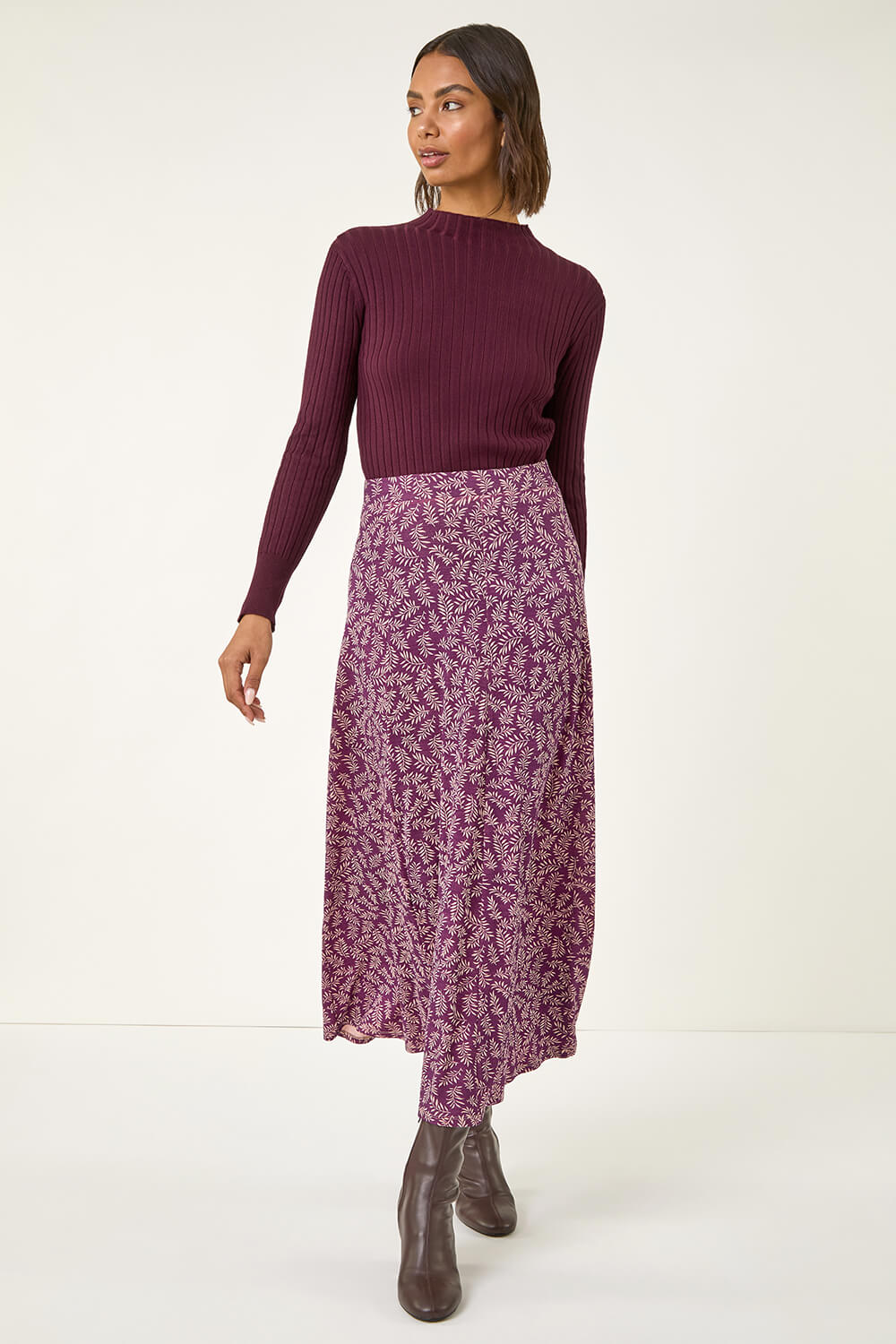 Bordeaux Spring Leaf Stretch Midi Skirt, Image 4 of 5