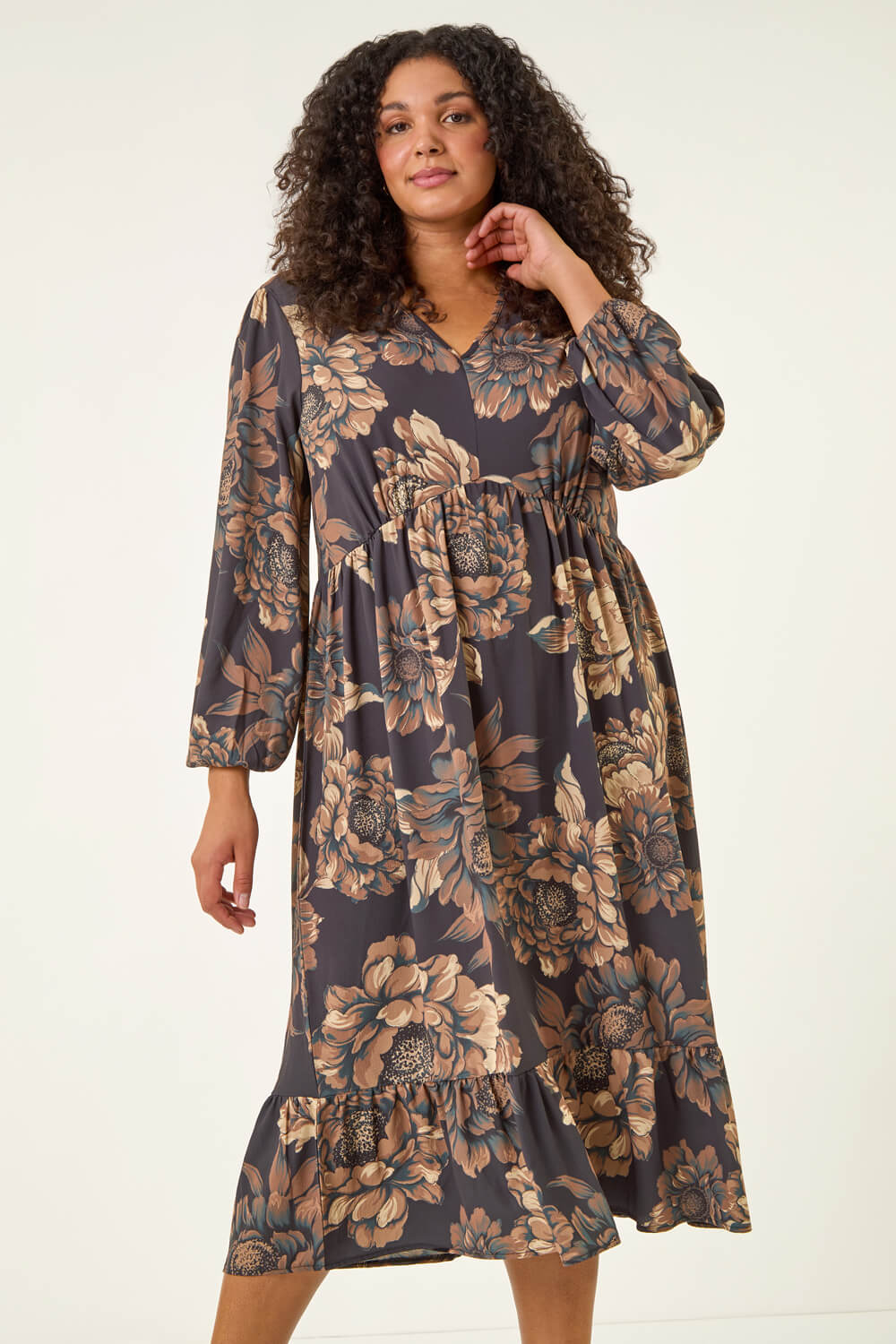 Brown Curve Floral Print Midi Dress, Image 3 of 5