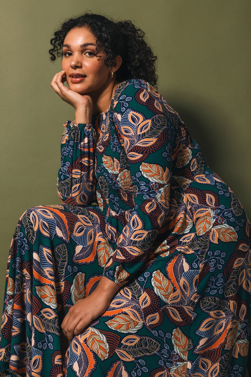 Teal Curve Floral Print Shirred Midi Dress, Image 8 of 7