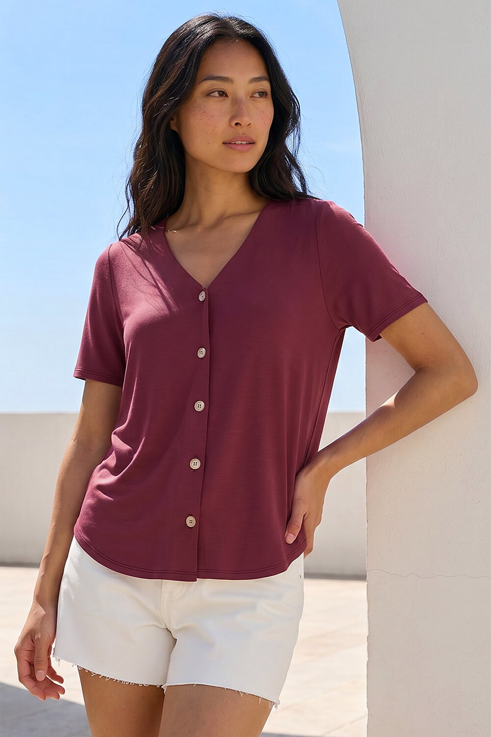 Roman Petite Women's Wine V-Neck Buttoned Blouse Size 12