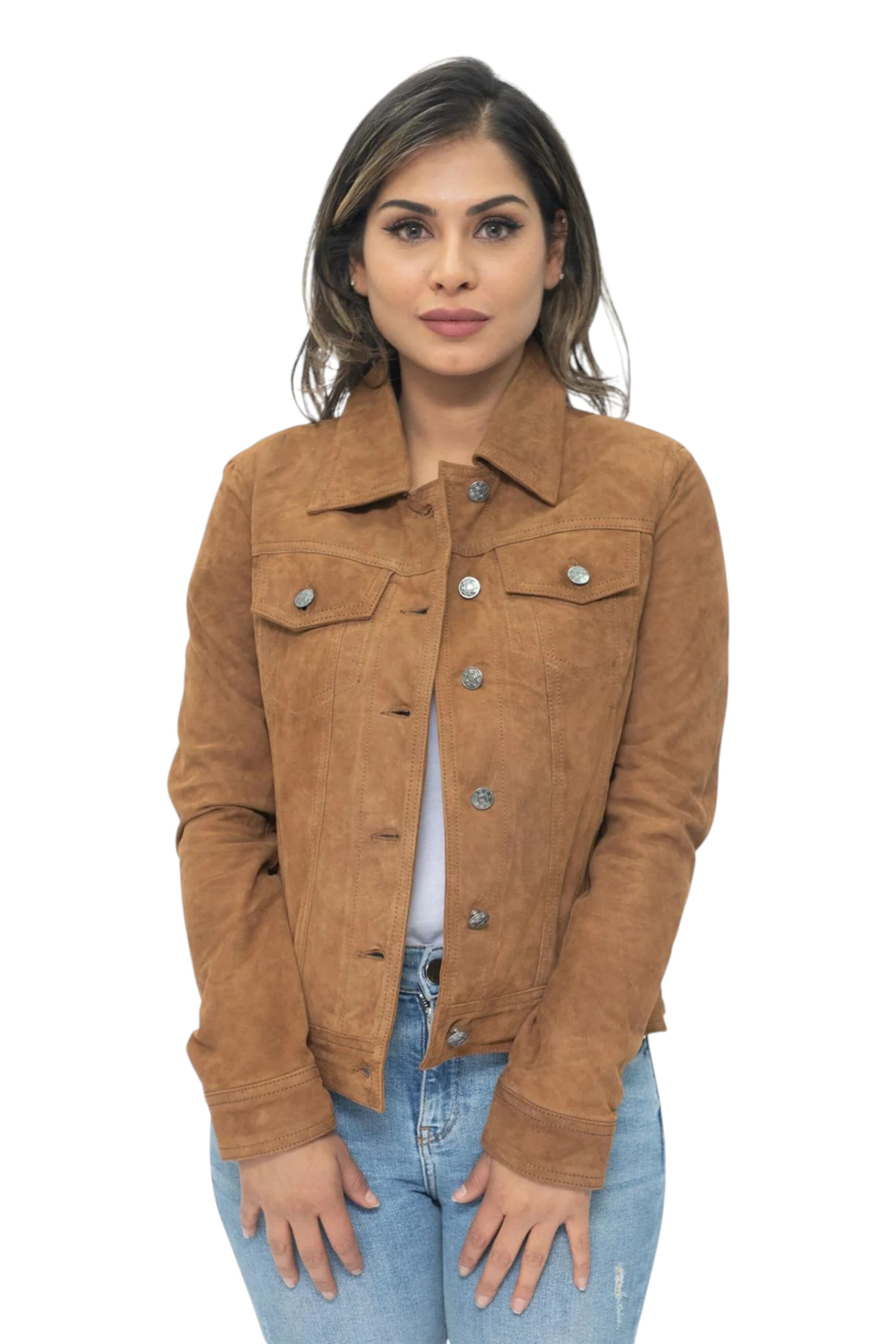 Tan Womens Goat Suede Trucker Jacket-Astoria, Image 1 of 3