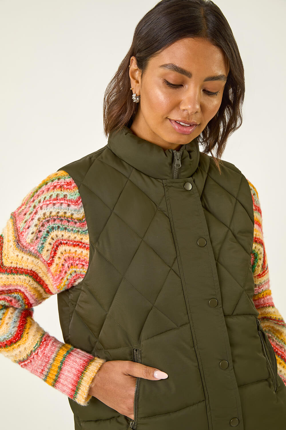 Khaki Diamond Padded Button Gilet , Image 6 of 7