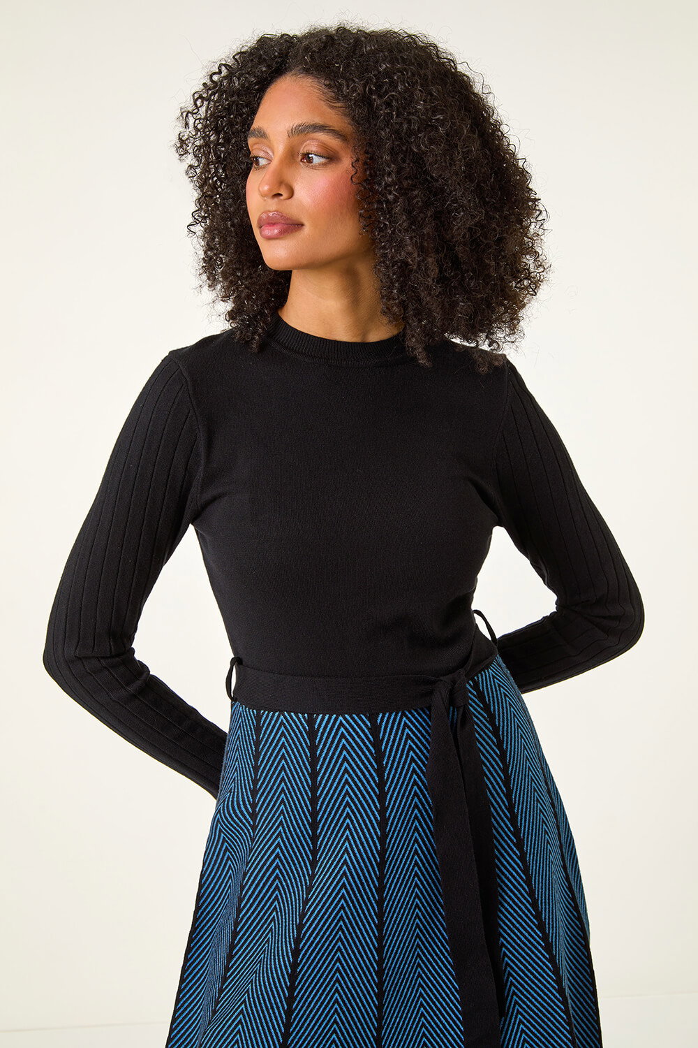 Blue Chevron Print Belted Jumper Dress, Image 5 of 5