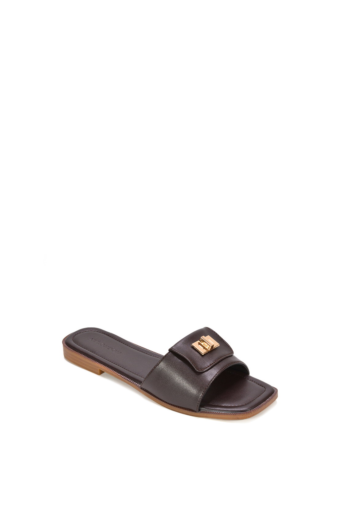 Brown 'Juliette' Square Toe Slider Sandals With Foldover Buckle, Image 2 of 6