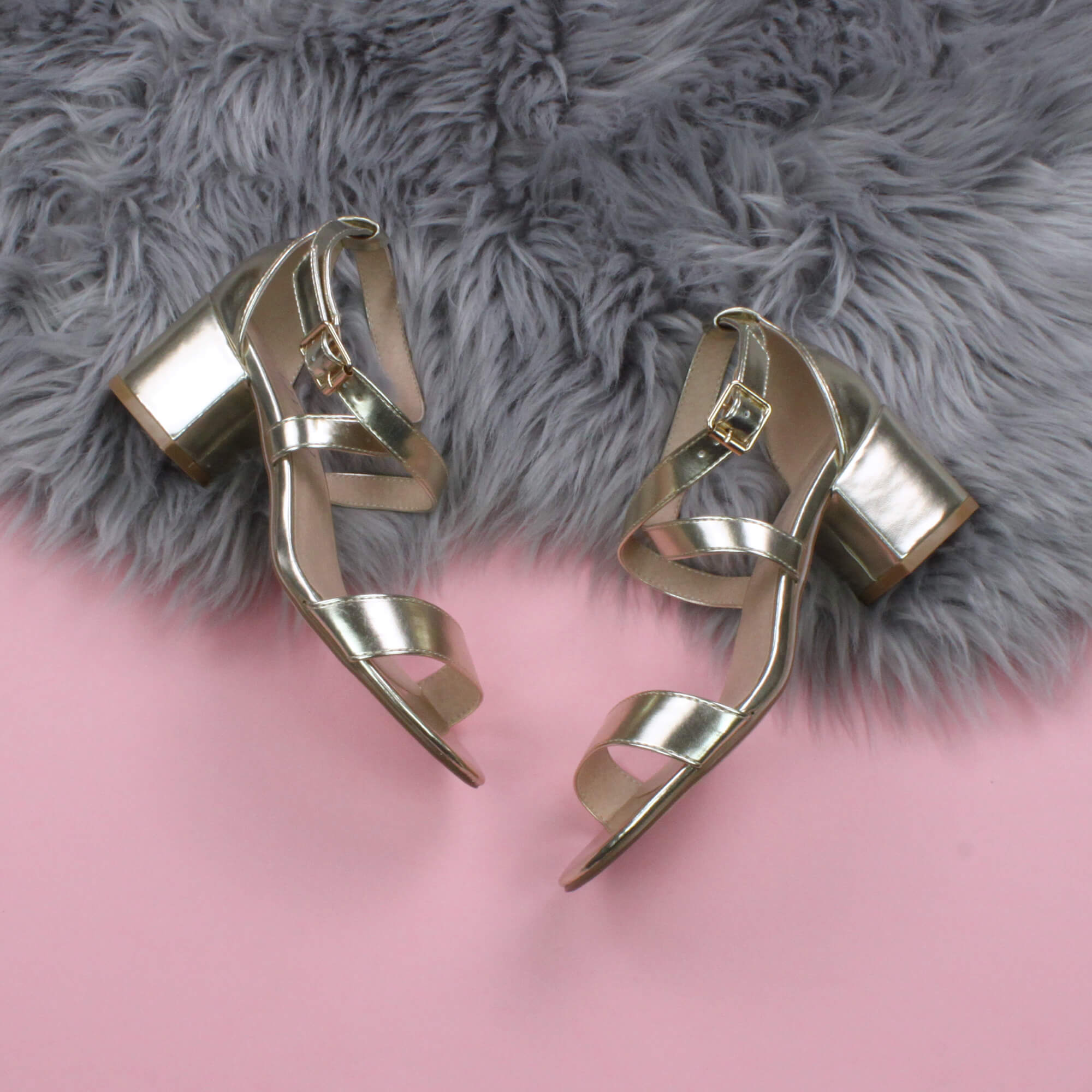 Gold AJVANI Gold Mid Block Heel Crossed Straps Sandals, Image 4 of 6