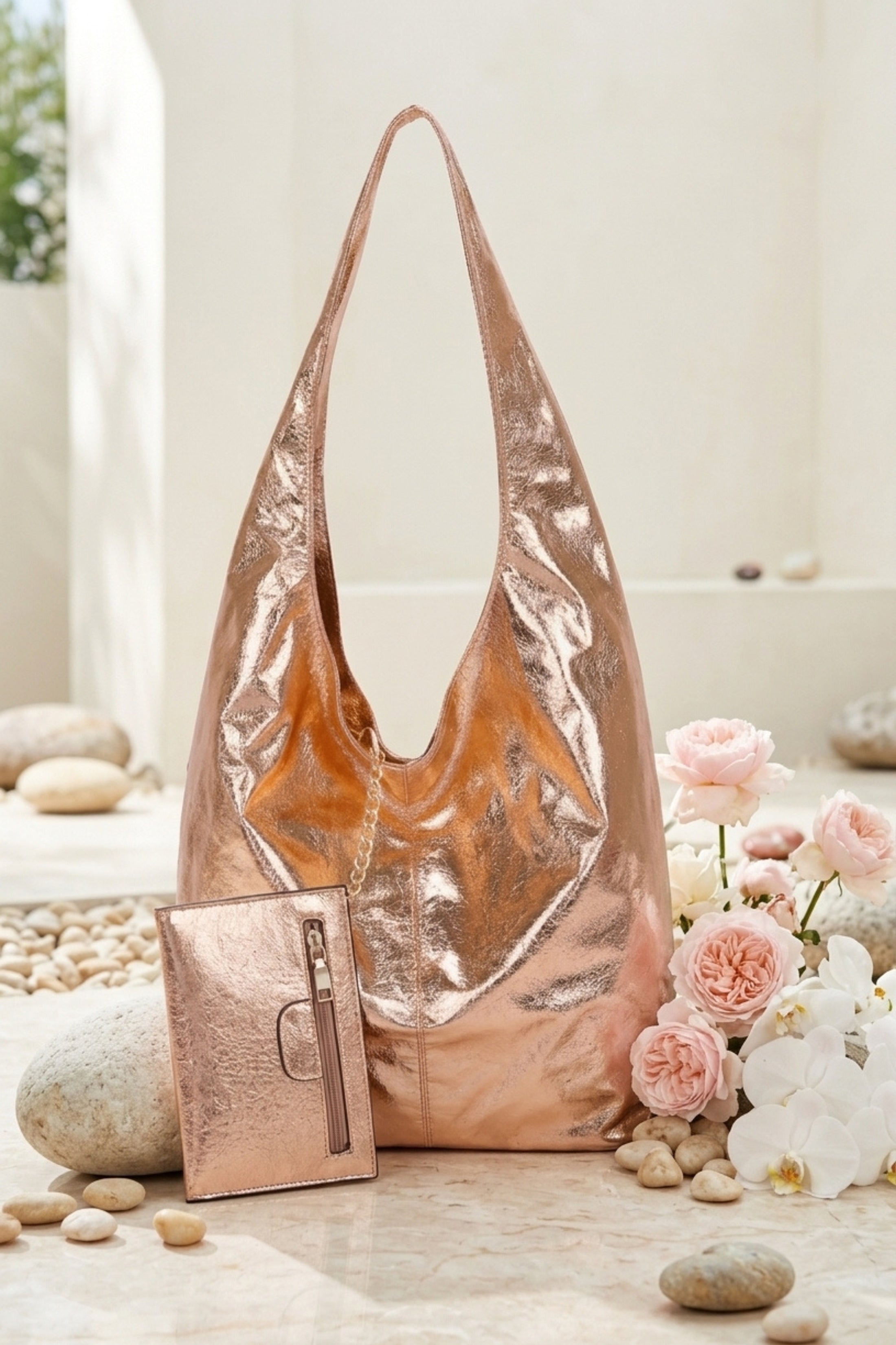 Rose Gold Rose Gold Metallic Slouch Shoulder Bag & Mini Pouch – Lucie, Image 1 of 2