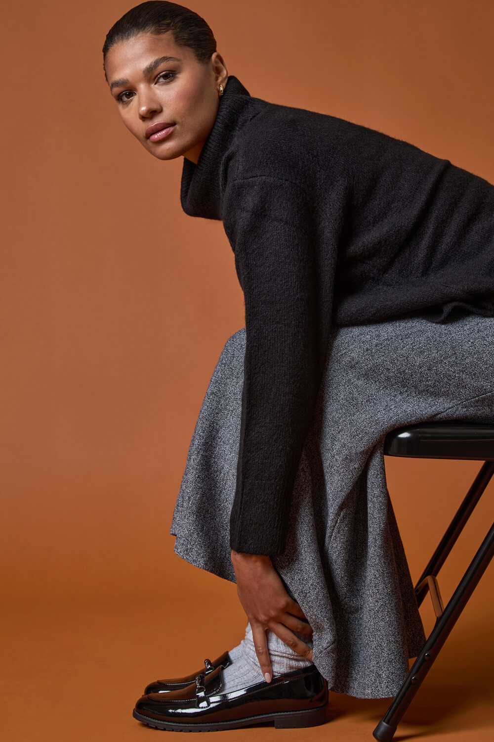 Grey Knitted Elastic Waist A Line Midi Skirt, Image 8 of 7