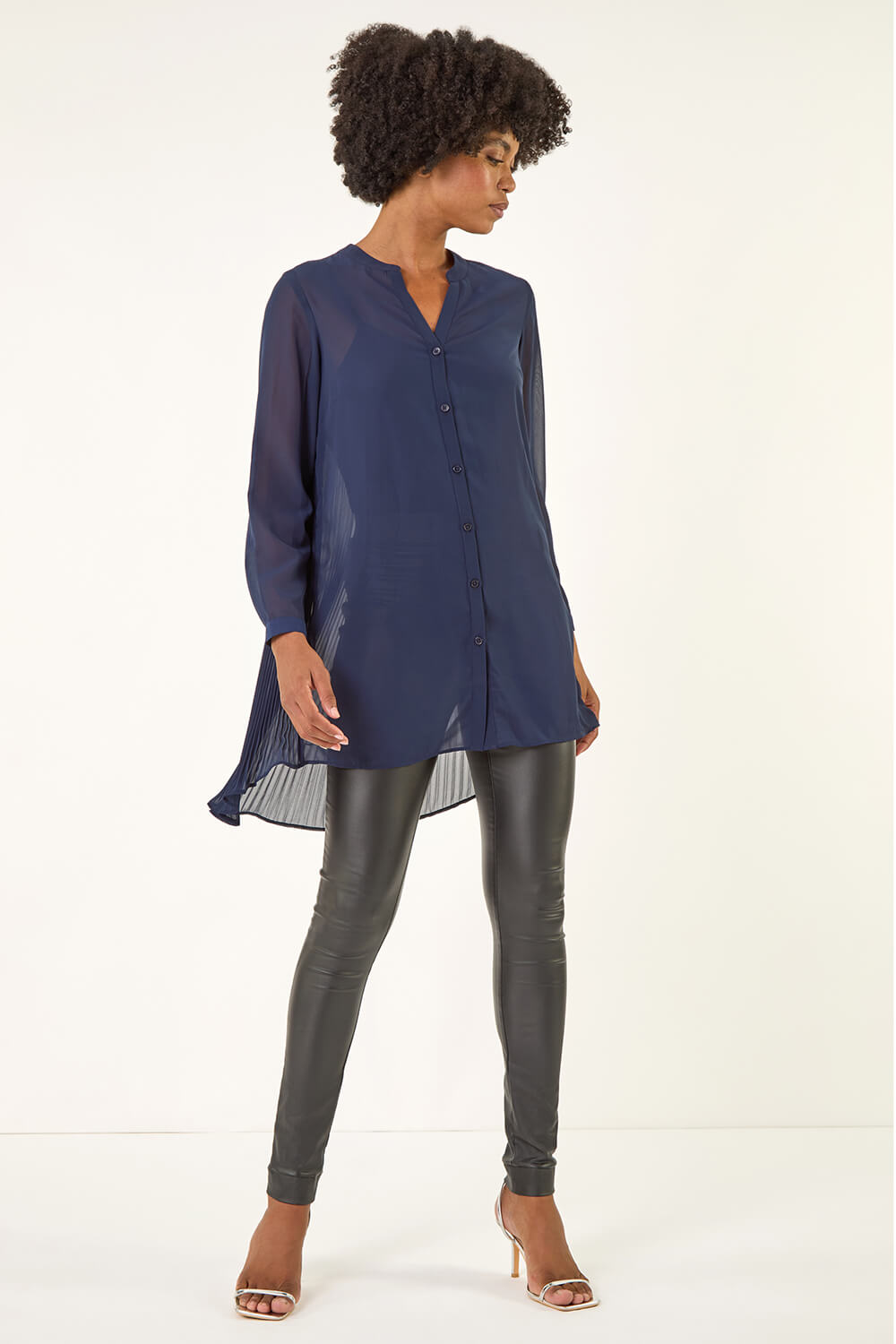 Navy V-Neck Pleated Back Blouse, Image 3 of 5
