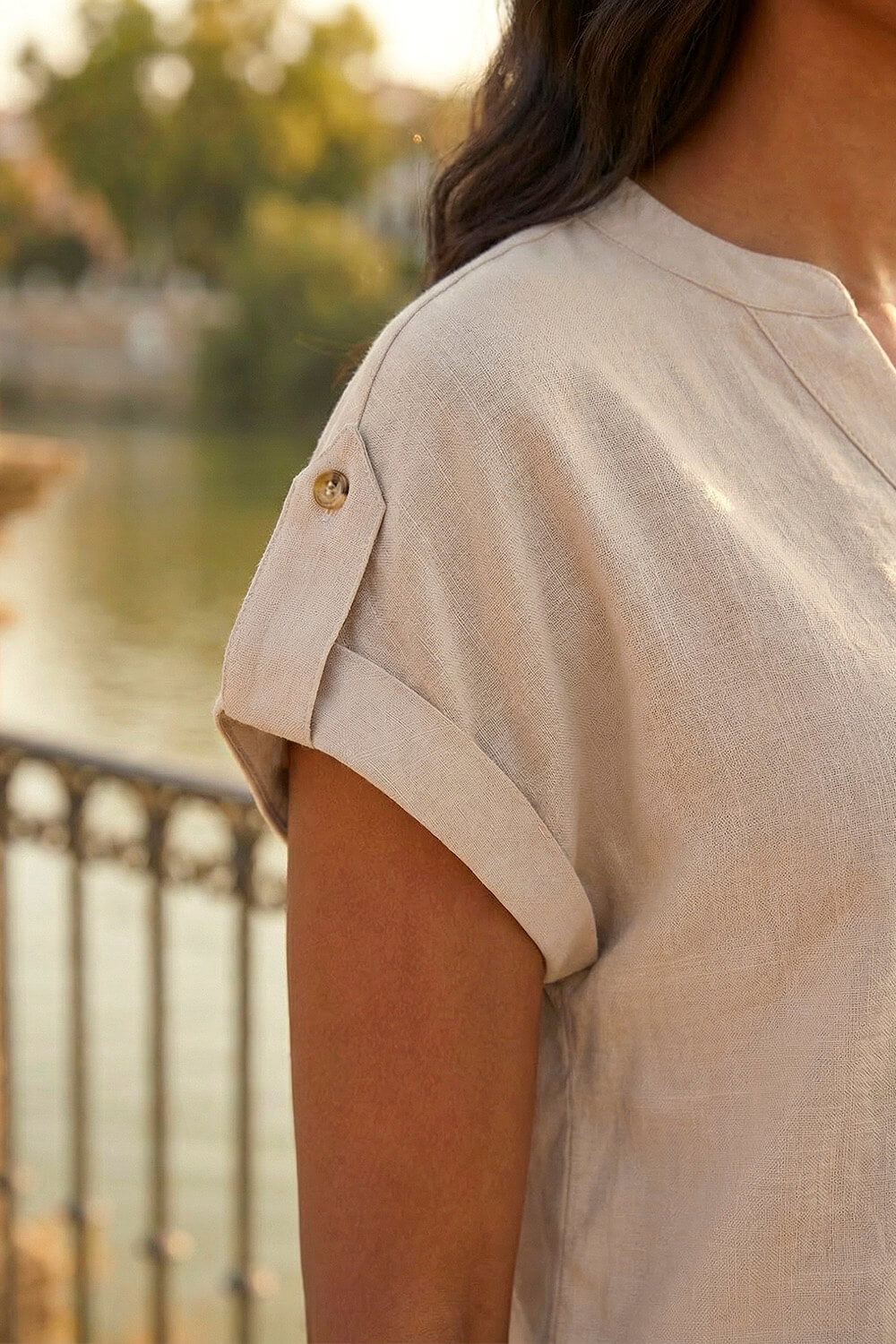 Beige Pleated Notch Neck Top, Image 5 of 4