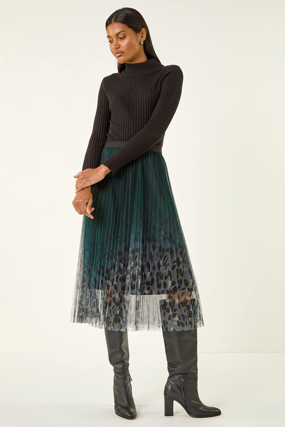 Emerald Printed Pleat Mesh Skirt, Image 4 of 5