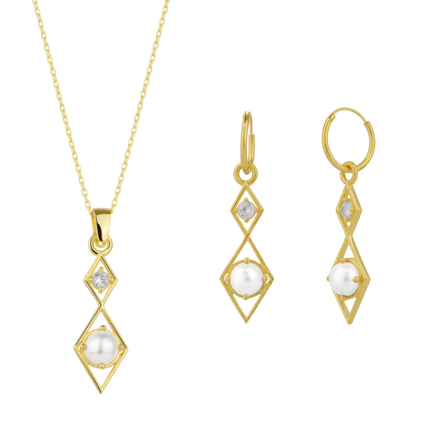 Gold Sterling Silver Rhombus 3D Pearl Necklace and Earring Set, Image 1 of 8
