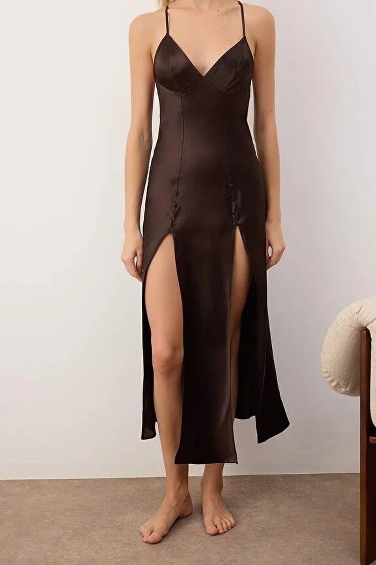 Brown WOVCOR Brown Button Front V-Neck Satin Strappy Maxi Nightdress, Image 2 of 3