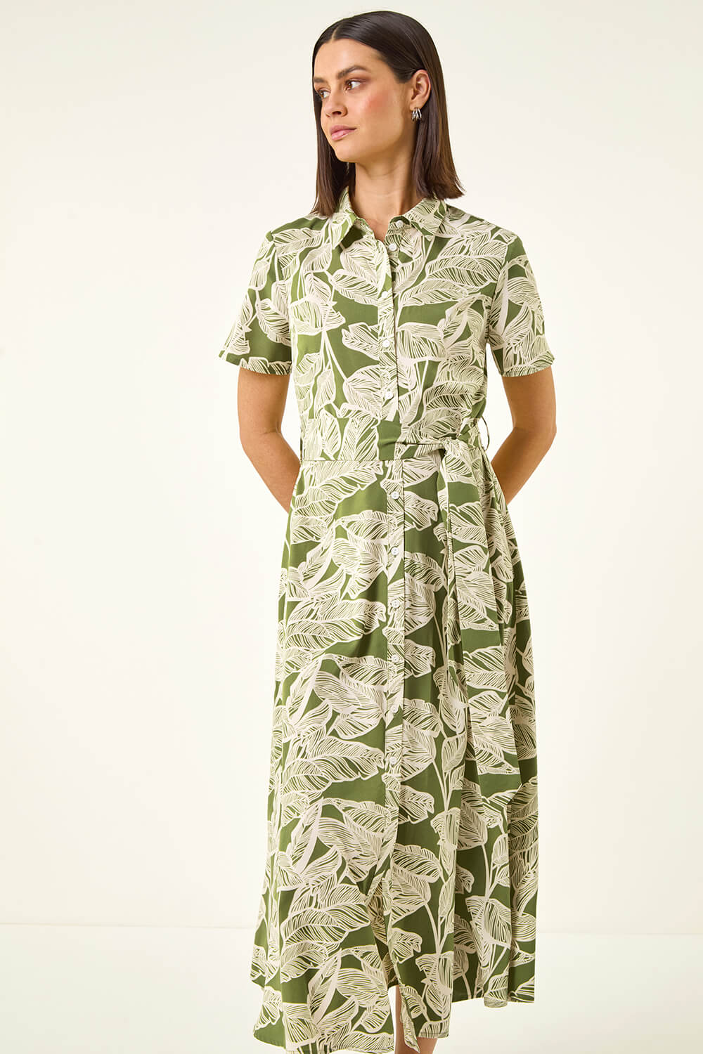 Green Leaf Print Belted Shirt Dress, Image 5 of 5