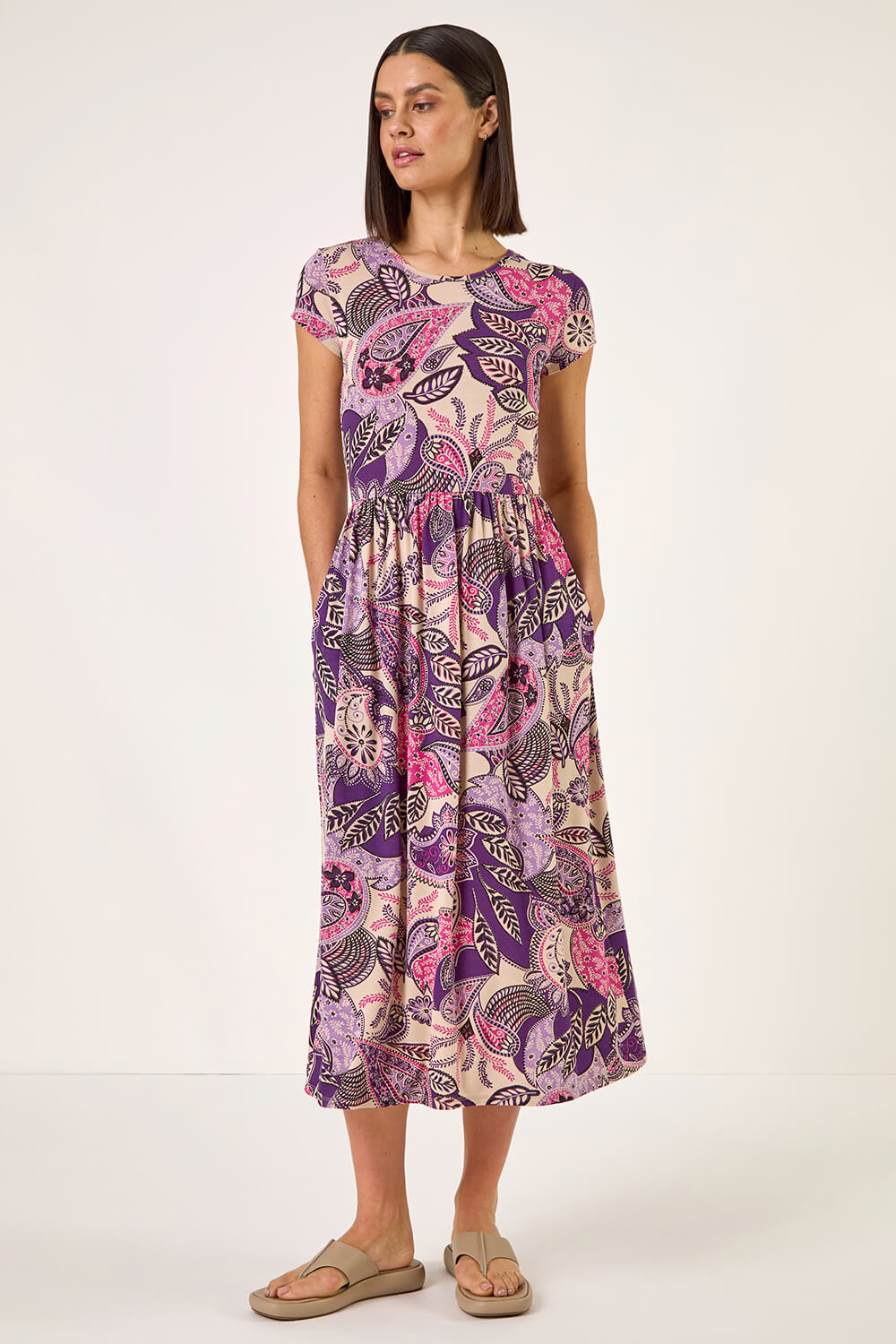Purple Paisley Print Stretch Midi Dress, Image 3 of 5