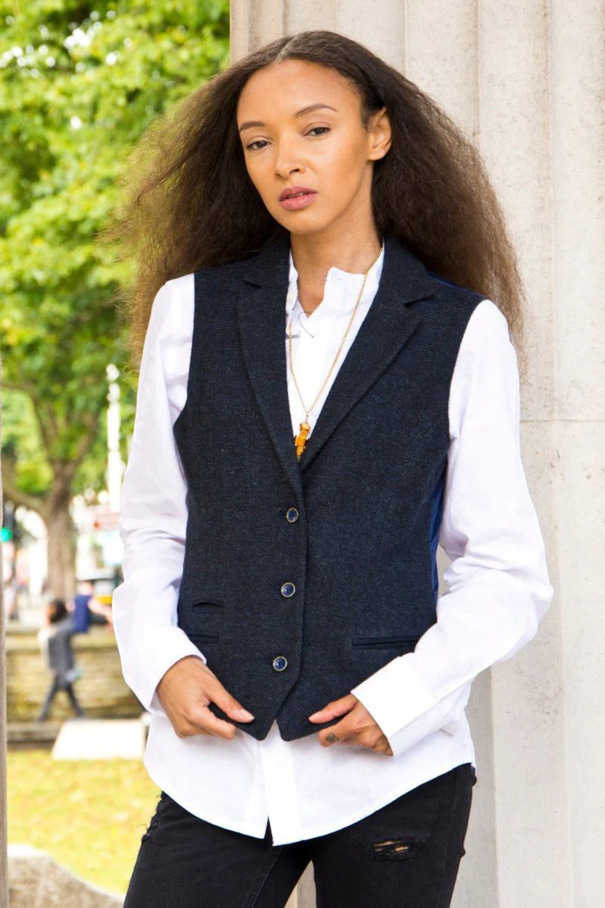 Navy Blue Tweed 1920s Herringbone Navy Waistcoat, Image 2 of 6