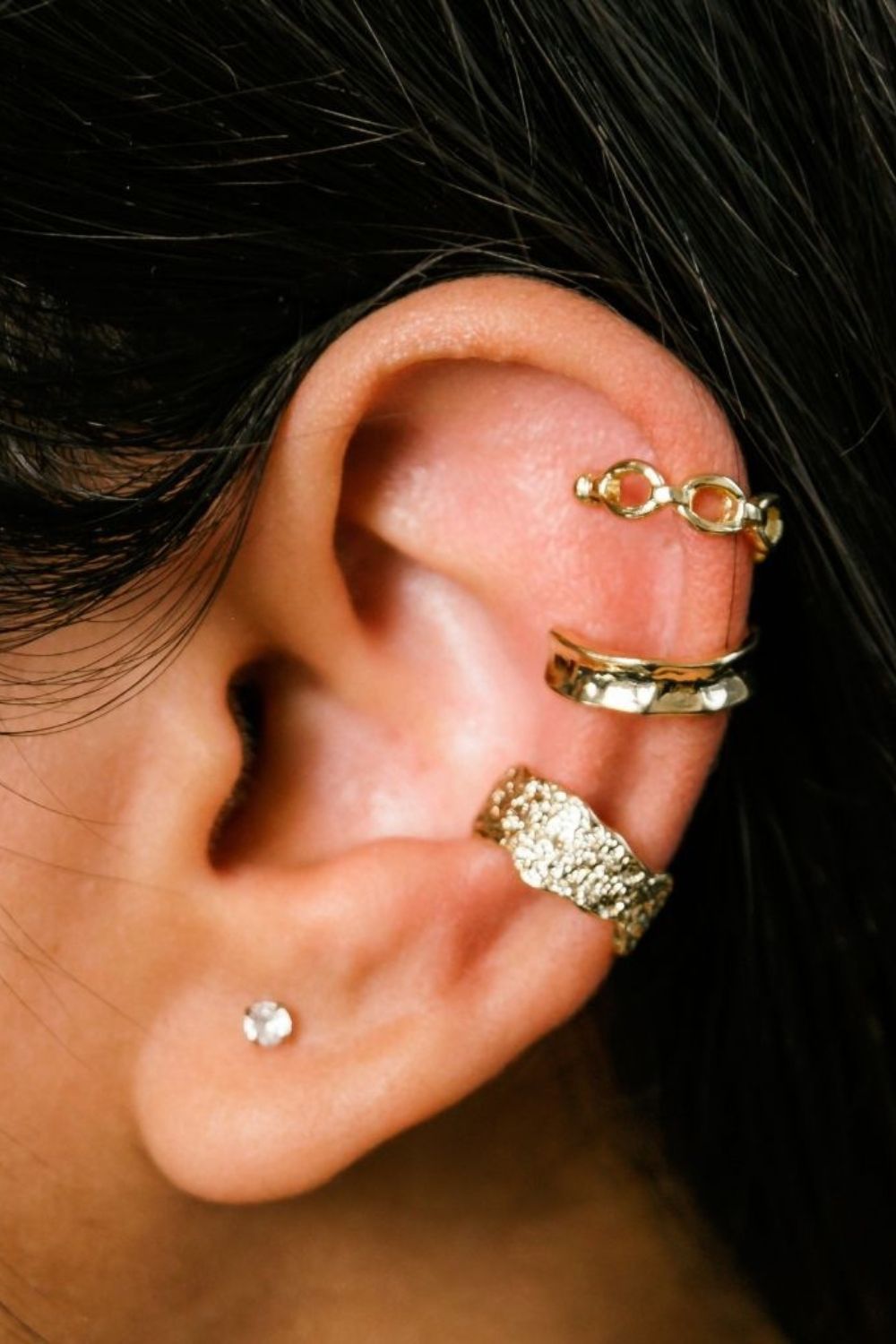Gold Silver and Gold, 3pc Adjustable, Hammered Ear Cuff, Image 2 of 2