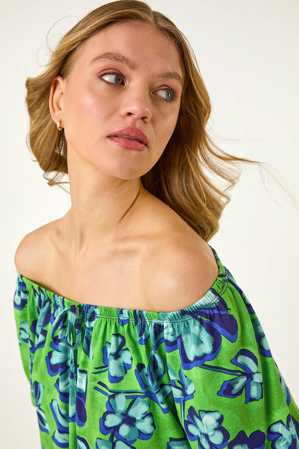 Roman Women's Green Floral Print Bardot Stretch Top Size 20