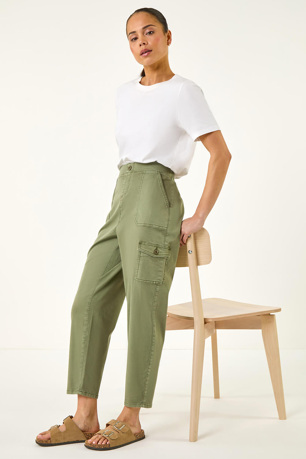 Sage Petite Cotton Cargo Stretch Trousers , Image 1 of 5