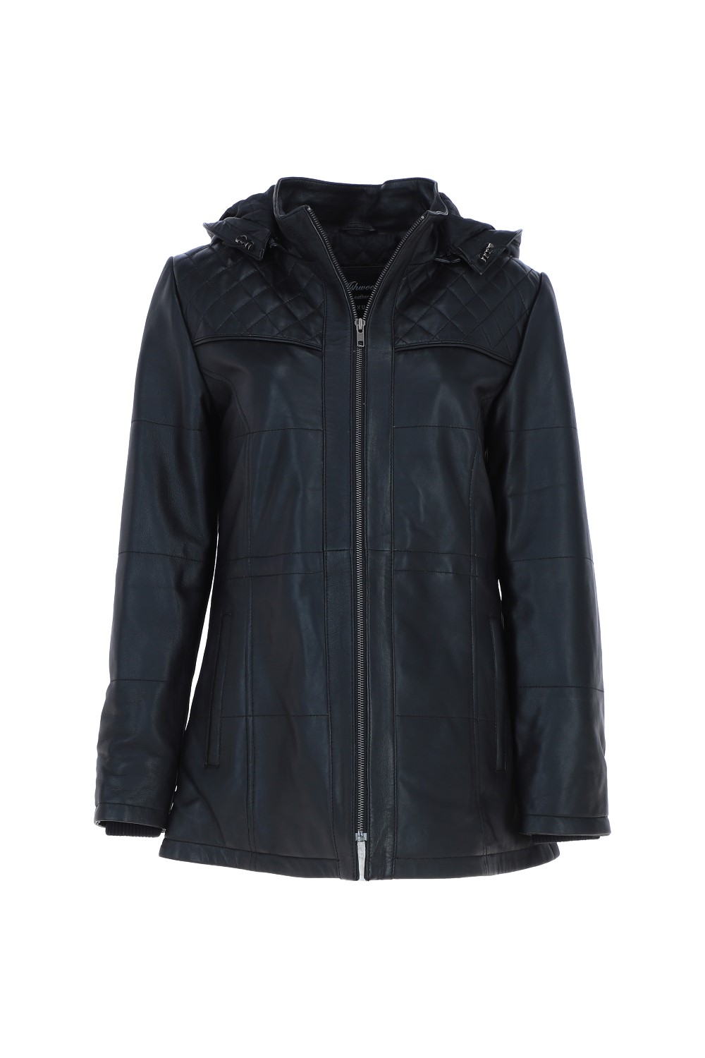 Black Ashwood Leather Black Real Leather Hooded Duffle Jacket, Image 2 of 6